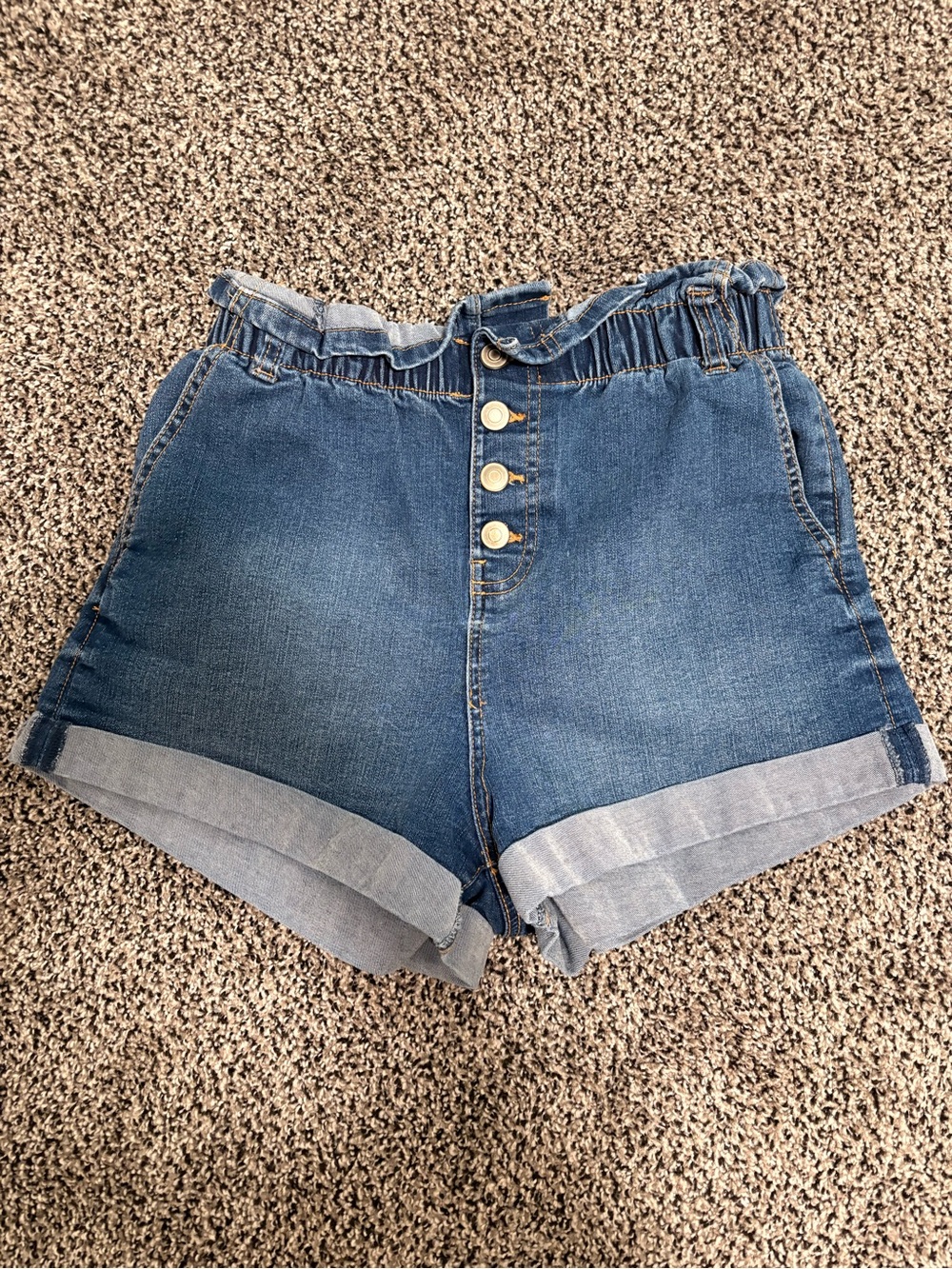 No Boundaries Ruffled Waist Cuffed Denim Shorts - Blue